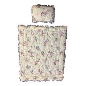 Vintage JCPenney Crib Quilt & Pillow Set Lace Edge Floral Baby Blanket Nursery